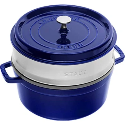 Image de STAUB Cocotte en Fonte Émaillée avec Couvercle et panier vapeur, Tous feux dont induction, 4 à 5 personnes, Ronde, 26 cm, L, 7,2 kg, Bleu Intense