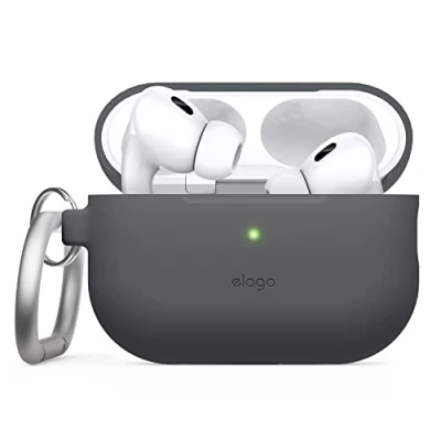 Image de elago Coque en Silicone Compatible avec Apple AirPods Pro 2ème Génération Étui, Etui Housse de Protection Porte Clé, LED Frontale Visible, Supporte Le Chargement sans Fil (Gris Fónce)