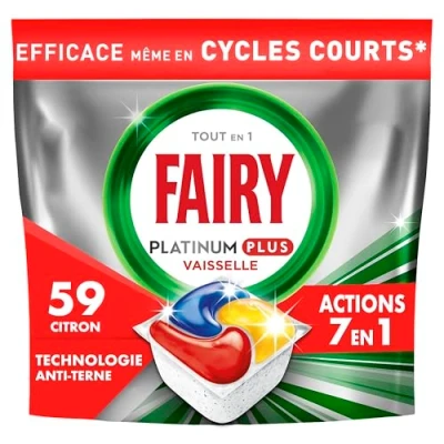Image de Fairy Platinum Plus Tout en 1 Pastilles Lave Vaisselle, 59 Capsules, Citron, Technologie Anti Terne, Nettoyage Optimal Pour Une Vaisselle Propre Comme Neuve, Redonne De L’Éclat Et Prévient Le Calcaire