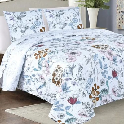 Image de Couvre Lit Quilt Matelassé avec 2 taies d&#039;oreiller 40x40 cm Blanches Bleues Fleurs SY 5632, 220x240