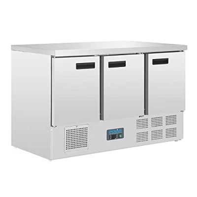 Image de Polar Refrigeration G Series Table réfrigérée à trois portes 235 W 368 litres, acier inoxydable, 2C 5C, 880(H) x1370(W) x700(D) mm, 3 étagères, classe énergétique C, capacité utile : 308Ltr, G622