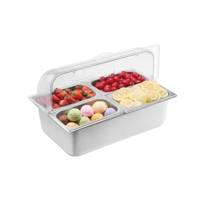 Image de VEVOR Saladette Réfrigérée à Poser avec 4 Plateaux de Service en Acier Inoxydable, Vitrine Comptoir Couvercles Transparents et 3 Bacs Glaçons, pour Restaurant Hôtel Cuisine Fête
