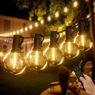 Image de Yuucio Guirlande Lumineuse Extérieure Télécommande, 60M LED Guinguette Étanche Intérieur avec 104 G40 Plastique Ampoules pour Terrasse Parti Patio Café Blanc Chaud（2X30M
