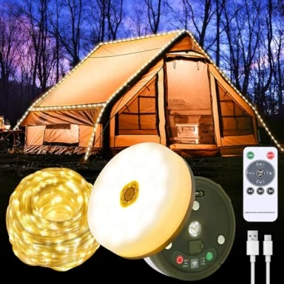 Image de Guirlande Lumineuse de Camping, Enroulable Lampe Camping Portable 10M avec 7 Modes D&#039;éclairage, Rechargeable, Étanchéité IP44, Pour Extérieur, Jardin (Lumière Chaude)