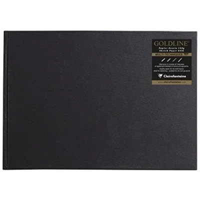 Image de Clairefontaine 34244C Carnet Cousu Goldline 64 Feuilles Papier Dessin Blanc A4 21x29,7 cm 140g Format Paysage Couverture Rigide Noire Imitation Toile