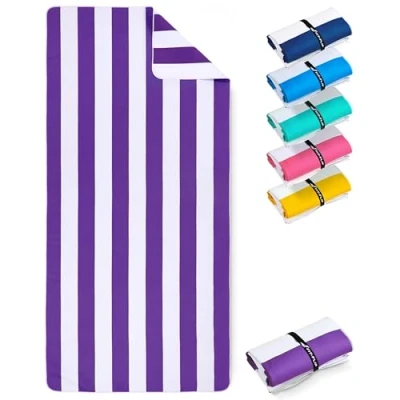 Image de Fit Flip Serviette de Plage Microfibre Fine et légère à séchage Rapide Drap XXL 100% recyclée rayé Violet Blanc 200cm x 90cm