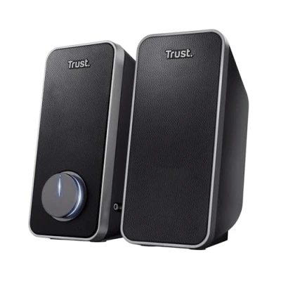 Image de Trust Arys Enceinte PC 2.0 pour Ordinateur, Haut Parleur PC, 28 Watt, Jack 3,5 mm, Alimentation USB, Portable, Tablette, Smartphone Noir