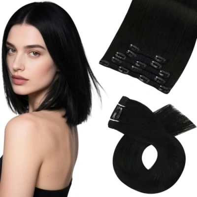 Image de Moresoo Extension Clip Cheveux Naturel Noir de a Jais Double Trame Lisse 14 Pouces 5 Pièces/70g #1