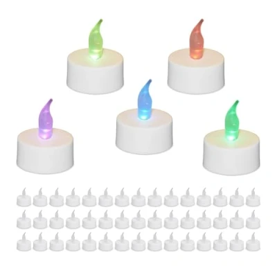 Image de Relaxdays Bougies Chauffe Plat LED, Lot de 50, Changement Couleur, sans Flamme, H x D : 4,5 3,5 cm, Blanches