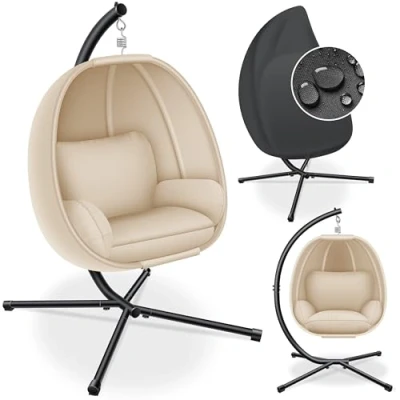 Image de KESSER® Fauteuil Suspendu de Luxe avec Structure et Coussin d&#039;assise Moelleux Panier intérieur extérieur Balançoire Jardin Chaise Suspendue, Beige