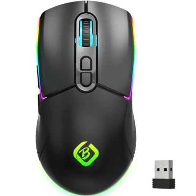 Image de JYCSTE Souris de Jeu sans Fil, bi Mode 2.4GHz/Bluetooth 5.1, rétro éclairée par LED RGB, Ergonomique à 6 Boutons, Informatique Rechargeable pour PC, Mac, Ordinateur Portable (Noir)