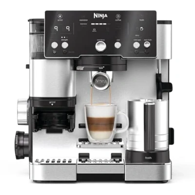 Image de Ninja Machine à café Luxe Essential 2 en 1, Latte, Cappuccino et Espresso avec broyeur grains mousseur lait intégrés, facile utiliser, préréglages mousse, argent, ES501EU