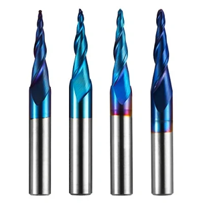 Image de Genmitsu TB04B Lot de 4 fraises coniques à 2 cannelures en carbure tungstène CNC avec revêtement nano Bleu pour gravure 2D et 3D tige 6,35 mm