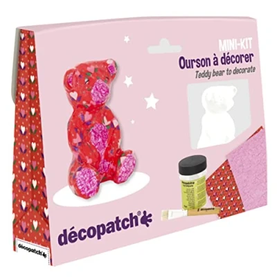 Image de Décopatch KIT037C un Mini kit comprenant animal pulpé peint en blanc 2 feuilles 1 pinceau pot de vernis colle, OURSON
