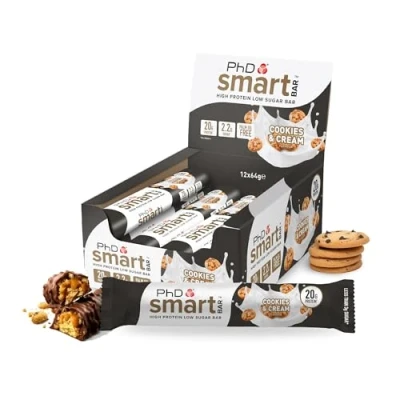 Image de PhD Nutrition Smart Bar Barre protéinée Cookies &amp; Crème 12 x 64g Snack Haute Protéine avec 22g de protéines et peu sucre, macro friendly