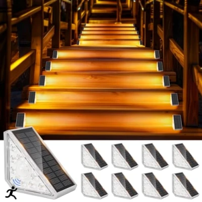Image de GuKKK Lampe Solaire Exterieur, 8 Pièces Lampes Solaires d&#039;escalier avec Detecteur, 3000K Escaliers éclairage pour Chemins, Eclairage Exterieur Solaire, IP67 Imperméable Led Escalier Jardin