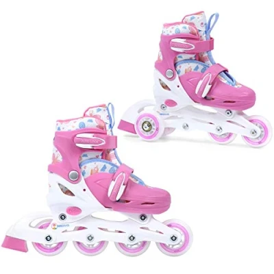Image de Madivo Cottoncandy Ensemble 2 en 1 pour enfants et filles patins à roulettes réglables ABEC 5 Rollers ligne transformables Blanc/rose Tailles :