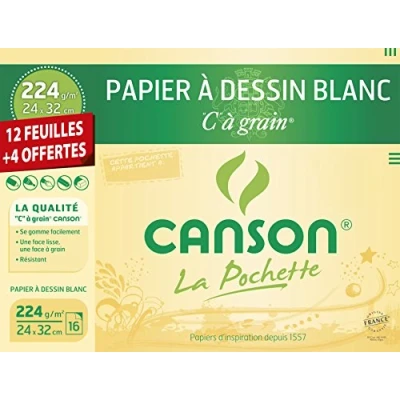 Image de Canson Pochette Papier à dessin C grain 12 feuilles + 4 offertes 224g 24 x 32 cm Blanc
