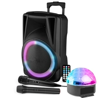 Image de ENCEINTE Active 600W AVEC USB, BLUETOOTH + JEUX DE LUMIERE ASTROBALL MICRO SANS FIL PA DJ SONO LED SOIREE FAMILLE KARAOKE