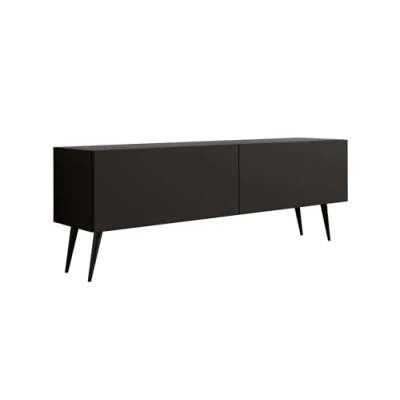 Image de 3E 3xE living.com Meuble TV : Deux Portes, étagères, Couleur Noir Mat, Pieds Noirs D L 140 cm, H 52 P 32 cm