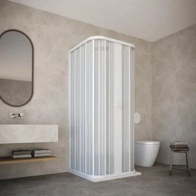 Image de Cabine de douche 70 x modèle Dora à 3 côtés réductibles double porte avec ouverture centrale soufflet en PVC couleur blanche.