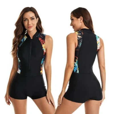Image de BEACHKINI Maillot de Bain Une pièce pour Femmes sans Manches avec Fermeture éclair sur Le Devant,52 Noir,XXL