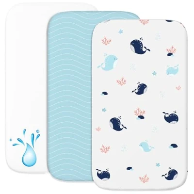 Image de Drap Housse Cododo (Set de 2) + 1 Protège Matelas Impermeable avec Elastique 3 en Taille 50x83 cm Compatible Berceaux, Lit Bebe pour Fille et Garçon Motif Océan