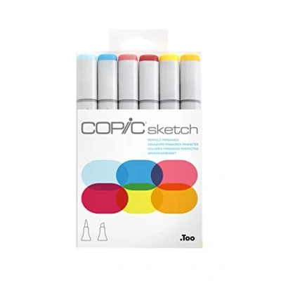 Image de COPIC Sketch Set de 6 marqueurs à encre alcool permanente double pointe, pointe pinceau ultra souple et large biseautée, rechargeable Couleurs Primaires