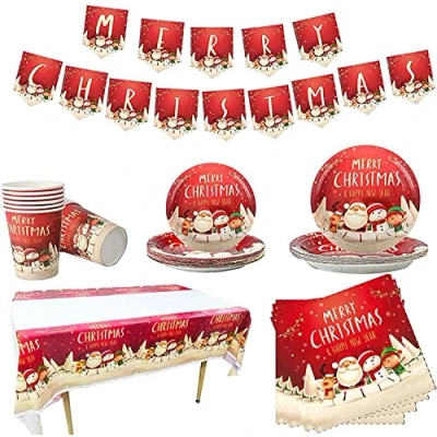 Image de KAHEIGN 118 Pièces Vaisselle de Fête Noël, 1 x Nappe, Bannière, 20 Serviettes, 16 Tasses, Assiettes 7 Pouces et 8,6 Pouces, Couteau, Fourchette Cuillère Réutilisables
