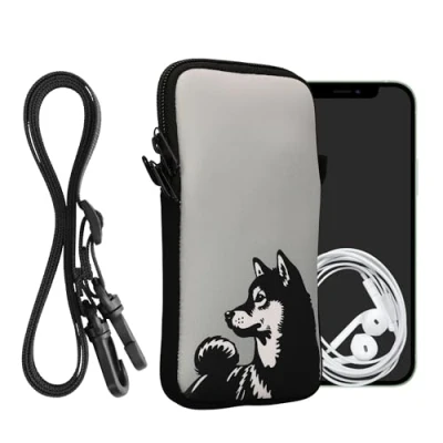 Image de kwmobile Housse de Protection Universelle pour Smartphone XL 6,7/6,8&quot; Pochette téléphone Portable en néoprène avec Collier Ajustable Noir Blanc Gris
