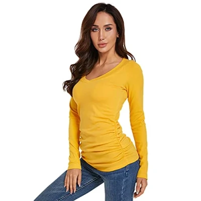 Image de AmélieBoutik Haut à manches longues raglan froncé sur les côtés pour femme, jaune moutarde, Taille S