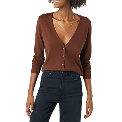 Image de Amazon Essentials Cardigan léger à col en V (Grande Taille Disponible) Femme, Brun, L