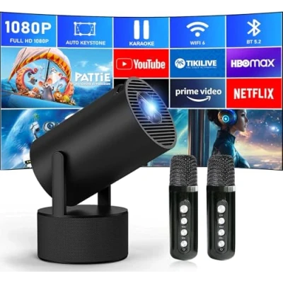 Image de Mini Projecteur Video, Videoprojecteur 4K avec Microphones de karaoké, Retroprojecteur Portable Correction Automatique du Trapéze, 180 Degrés, 130 Pouces Convient pour téléphone/PC/HDMI USB