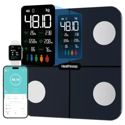 Image de Balance Pèse Personne, Healthkeep Connectée Impédancemètre Grand Écran VA Avec Fréquence Cardiaque 15 Mesures APP pour Andriod et iOS 180kg/400lb/28st, Bleu Marine