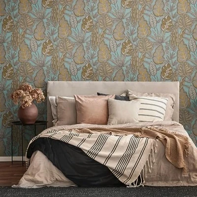 Image de Livingwalls Famous Garden 393464 Papier peint intissé Motif feuilles Bleu clair jaune marron 10,05 m x 0,53