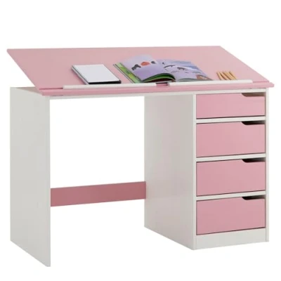 Image de IDIMEX Bureau Enfant Emma avec Rangement 4 tiroirs et Plateau inclinable, Style scandinave, en pin Massif lasuré Blanc Rose