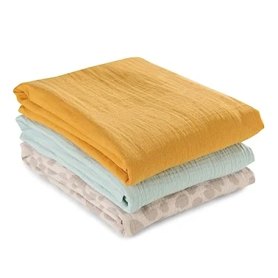 Image de hauck (Lot de 3) Lange Bebe 4en1 Cuddle N Clean, en 100% Coton Mousseline, 80x80 cm, Lavable, Doux et Multi Usage Honey Mint Leo Natural