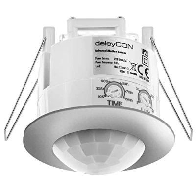 Image de deleyCON 1x Infrarouge Détecteur de Mouvement Plafond Intérieur Portée 6m à 360 Luminosité Ambiante Réglable IP20 Montage Encastré Chrome