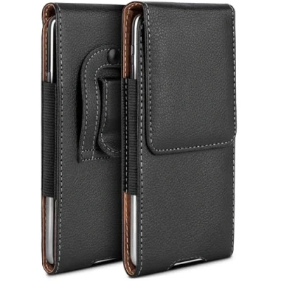 Image de moex Étui de protection à rabat, compatible avec Apple iPhone 13 Mini, clip ceinture, en cuir végétalien, étui noir