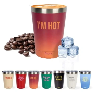 Image de fisura. Mug Isotherme original I’m hot. Tasse à café pour emporter, dégradé grenat. de 310 ml. thermique en acier inoxydable. Sans BPA. voiture.