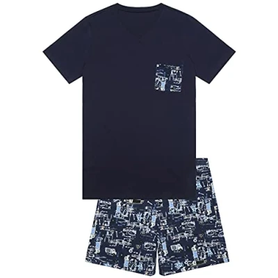 Image de Pyjama court pour garçon, jersey simple doux en 100 % coton et pantalon forme de bermuda, bleu nuit, 140
