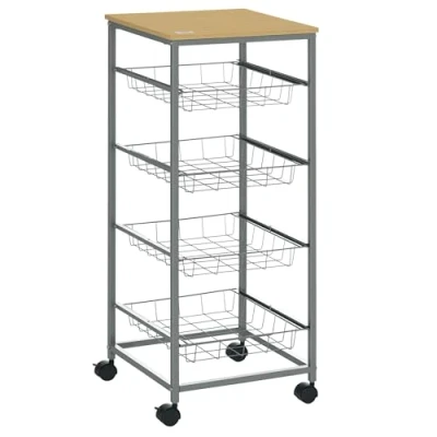 Image de HOMCOM Chariot de Service desserte à roulettes Multi rangements 4 tiroirs Acier MDF chêne Clair
