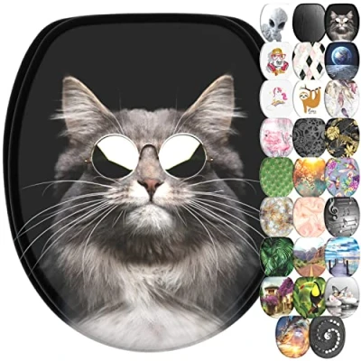 Image de Sanilo Abattant WC frein de chute, Grande sélection lunettes toilette avec abaissement automatique, Fixation facile (Cool Cat)