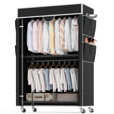 Image de Portant à Vêtements 3 Niveaux avec Housse Robuste sur Roulettes Hauteur Réglable, Rail en Métal Stable 2 Barres de Suspension et 4 Poches Latérales, 90*45*205cm, Noir