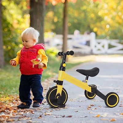 Image de 2 en 1 Tricycle Vélo Enfant 4 AnsGuidon Réglable pour Filles Garçons comme Cadeau Draisienne D&#039;équitation Premier Bébé évolutif, (Jaune)