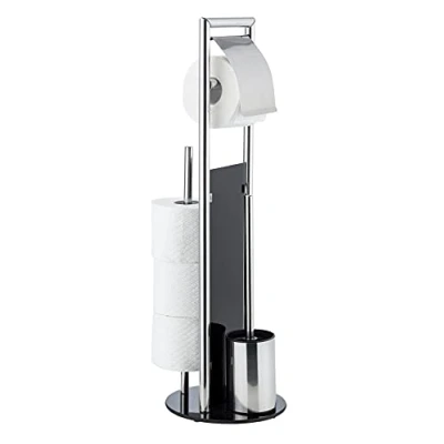 Image de WENKO Combiné WC Ravina 3en1 Blanc Brosse et dérouleur Papier Toilette Range jusqu&#039;à 3 Rouleaux Acier INOX Verre trempé 20x70 cm Gris