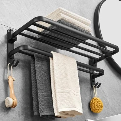 Image de Porte Serviette Salle de Bain, Murale, sur Pied Accessoire Bain sans Percage, Seche Serviettes Noir