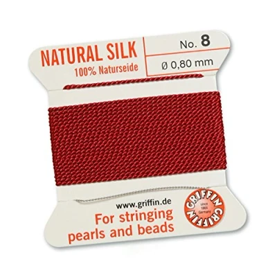 Image de GRIFFIN Fil de cordon perles 100 % soie naturelle Rouge grenat 2 mètres avec une aiguille Taille 0,80 mm