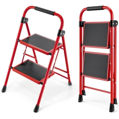 Image de KINGRACK Escabeau 2 Marches, Escabeaux Pliant avec Marchepied Antidérapant et Large, Petit Echelle Poignée, en Acier Robuste, Léger Portable, Rouge