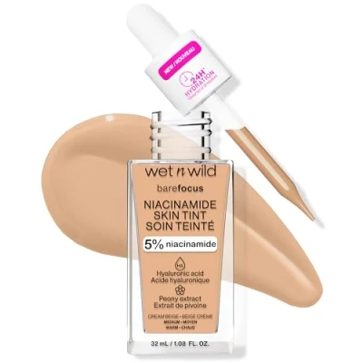 Image de Wet n Wild Bare Focus Niacinamide Skin Tint, Fond de Teint Léger avec FormuleModulable, Enrichi en Acide Hyaluronique et VitamineE pour un LookRadieux, Cream Beige